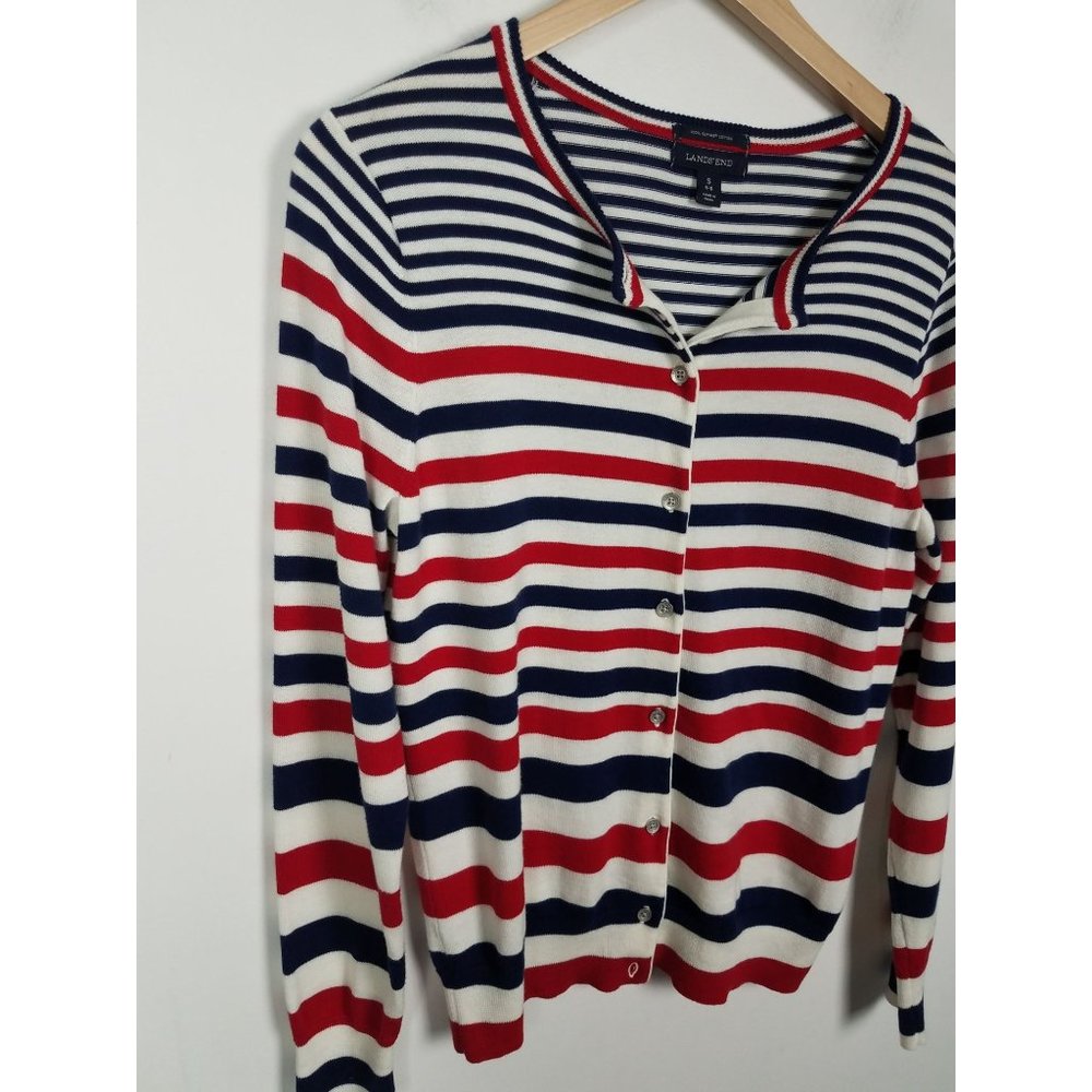 Lands' End Women's Sz. S 100% Supima Cotton Red/White/Blue Stripe Cardigan - Picture 3 of 5
